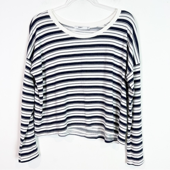 OBEY NAVY OFF-WHITE STRIPE LONG SLEEVE BOXY SUPER SOFT SHIRT WOMENS SZ SMALL - Picture 1 of 5